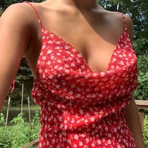 Cowl neck red floral mini dress.